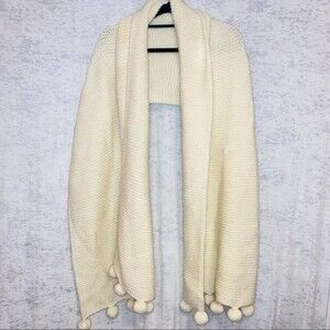 Kate Spade Wool Blend Chunky Crochet Knit Pom Pom Blanket Scarf 70 X24
